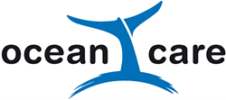 ocean care logo with black letters and blue whale fin logo